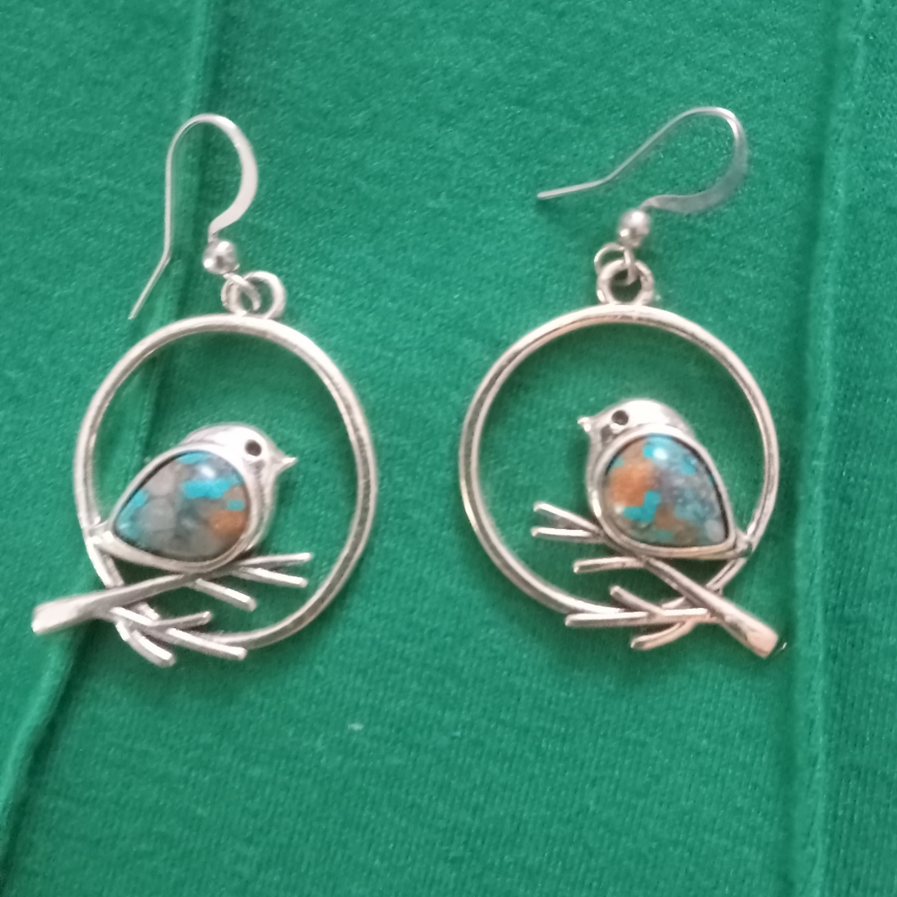 🥰 5/$25 - Silver Bird Earrings with Faux Turquoise Accents